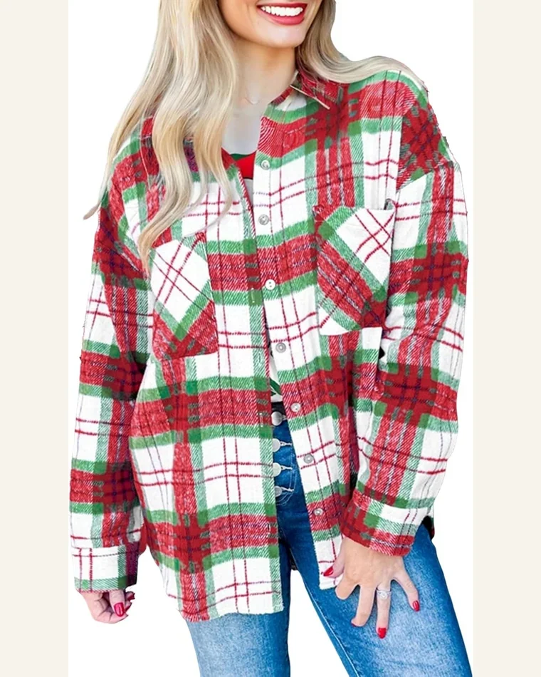 Plaid Flannel Shacket Long Sleeve Button Down Christmas by SELINK