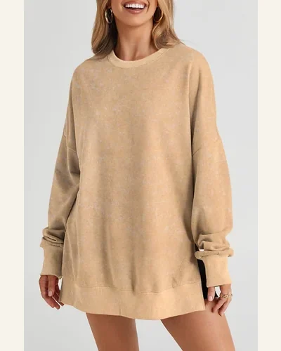 Casual Khaki Drop Shoulder Ribbed Trim Oversized Sweatshirts, view 3