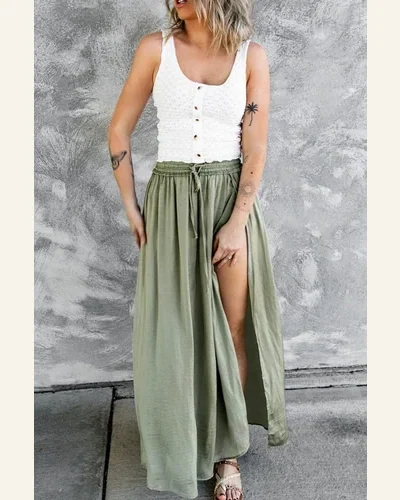 Skirts Casual Green Adjustable Drawstring Smocked Waist Maxi, view 3