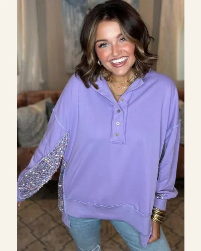 Casual Lilac Sequin Patchwork High Low Hem Henley Top, view 2