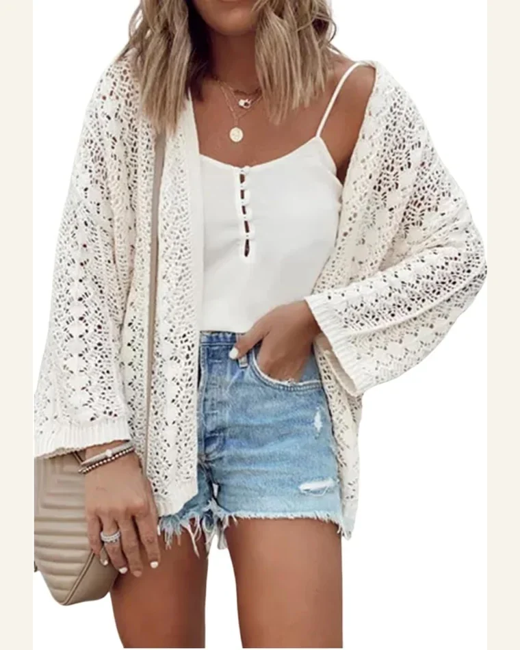 Cardigan Sweater Casual White Hollow Out Knit Drop by SELINK
