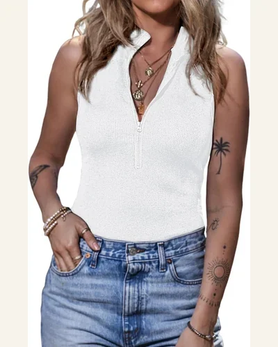 Bodysuit Casual Zip up Mock Neck Ribbed Sleeveless, view 4