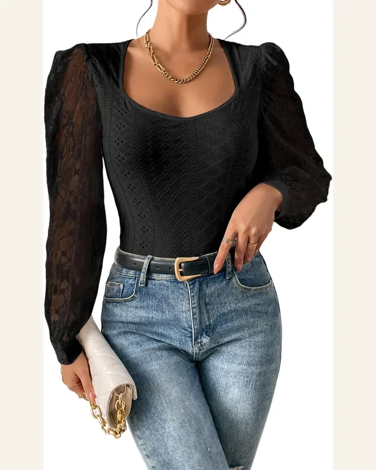 Bodysuit Casual Frenchy Contrast Lace Bishop Sleeve Bodysuit by SELINK