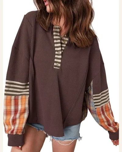 Long Sleeve Henley Shirts Casual Waffle Patchwork Sweatshirts, view 4
