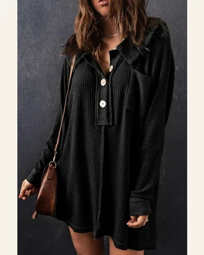 Tunic Tops Casual Black Waffle Knit Buttoned Long, view 3