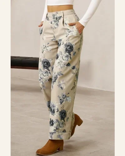 High Waisted Jeans Beige Vintage Floral Turn-up Cuffed, view 2