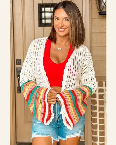 Casual White Color Block Hollow Out Cardigan Sweater, view 4