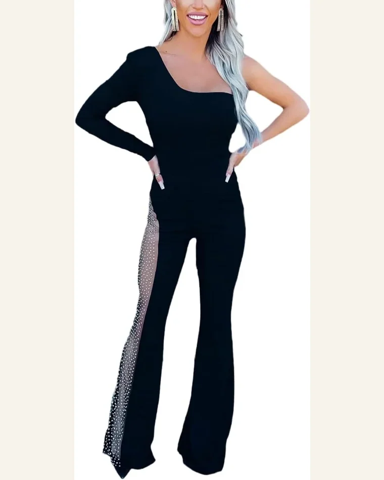 Jumpsuits Long Sleeve Black One-shoulder Gem Rhinestone Accent by SELINK
