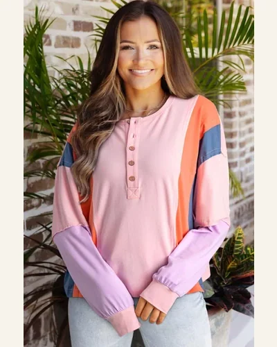 Tunic Tops Casual Pink Colorblock Long Sleeve Buttons, view 2