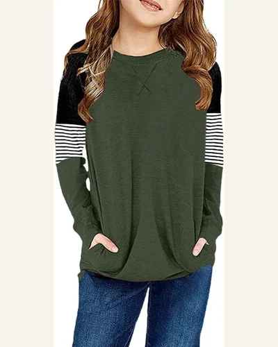 Girls Color Block Casual Long Sleeve Tees, view 4