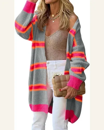 Cardigan Sweater Casual Medium Grey Stripe Printed Ribbed, view 1