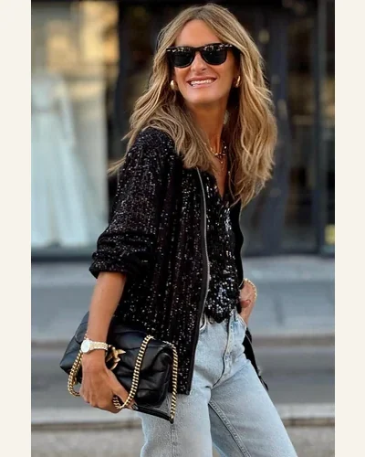 Shacket Jacket Party Black Sequin Zip up Round, view 2
