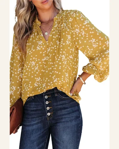 Casual V Neck Long Sleeve Printed Crinkled Blouse, view 1