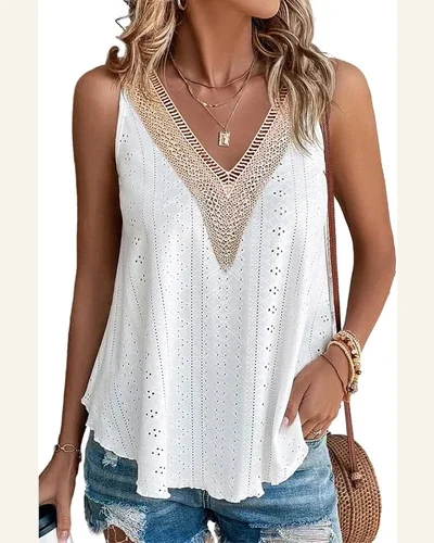 V Neck Lace Crochet Tank Tops Loose Fit, view 1