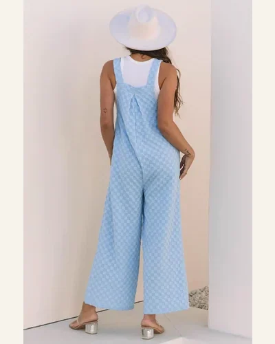 Casual Loose Beau Checkered Pocketed High Waist Straight Jumpsuit, view 2