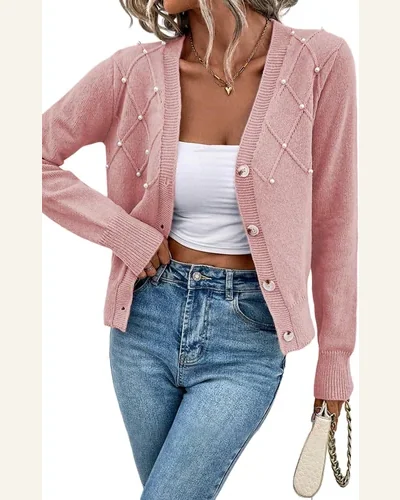 Cardigan Sweater Elegant Sepia Rose Textured Knit Pearl, view 1