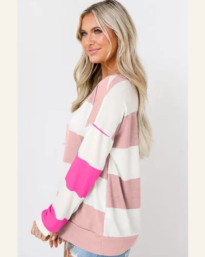 Tunic Tops Casual Light Pink Colorblock Striped Drop, view 2