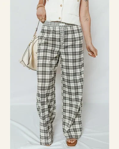 Casual Loose Gray Plaid Wide Leg Pants Elastic, view 4