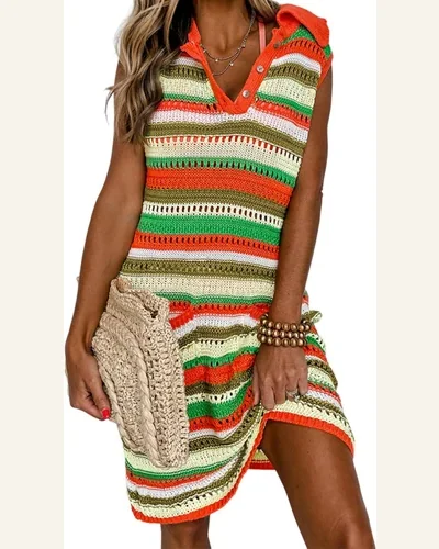Casual Eyelet Sleeveless Sweater Dresses Yellow Stripe Buttoned, view 1