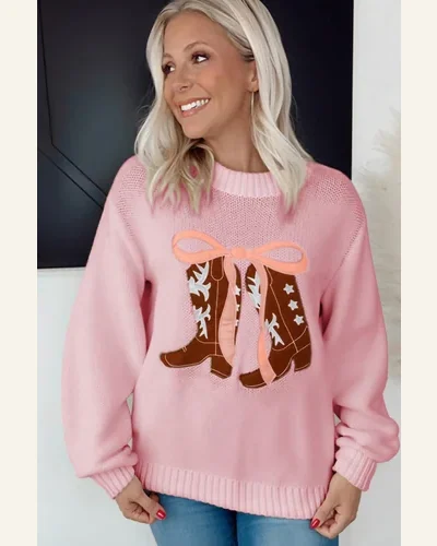 Casual Pink Embroidered Bow Boots Pullover Sweater Graphic, view 3