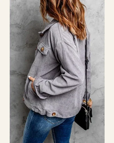 Shacket Jacket Gray Ribbed Corduroy Long Sleeve Jacket, view 2