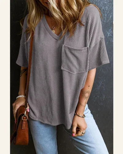 Short Sleeve Ribbed T Shirts Casual V Neck, view 3