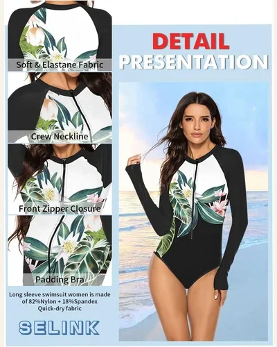 Long Sleeve Rash Guard Zipper Printed One Piece Swimsuit, view 2