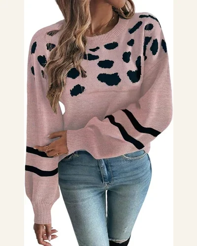 Casual Pink Leopard Striped Pullover Sweater Tops Detail, view 1