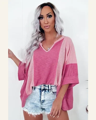 Tunic Tops Casual Bright Pink Textured Colorblock 3/4, view 3