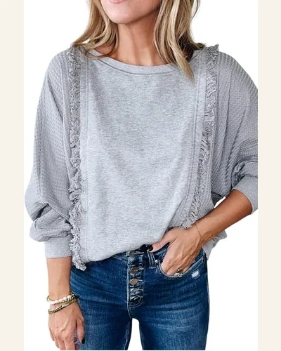Tunic Tops Casual Light Grey Waffle Patchwork Long, view 1