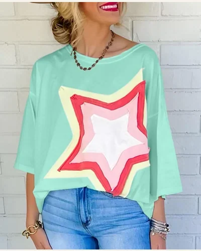 Oversized T Shirts Half Sleeve Colorblock Star Patched, view 4