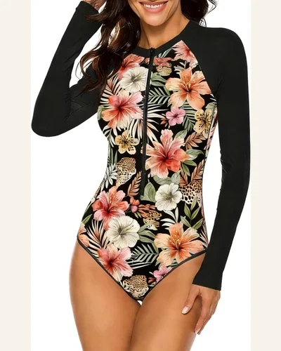 Long Sleeve Rash Guard Zipper Printed One Piece Swimsuit, view 4