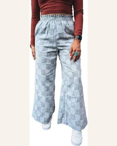 Casual Sky Blue Checkered High Waisted Denim Jeans, view 1