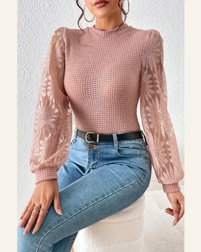 Tunic Tops Casual Peach Blossom Sunflower Mesh Bubble, view 4