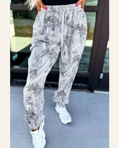 Casual Gray Camo Print Pants Drawstring Elastic Waist, view 3