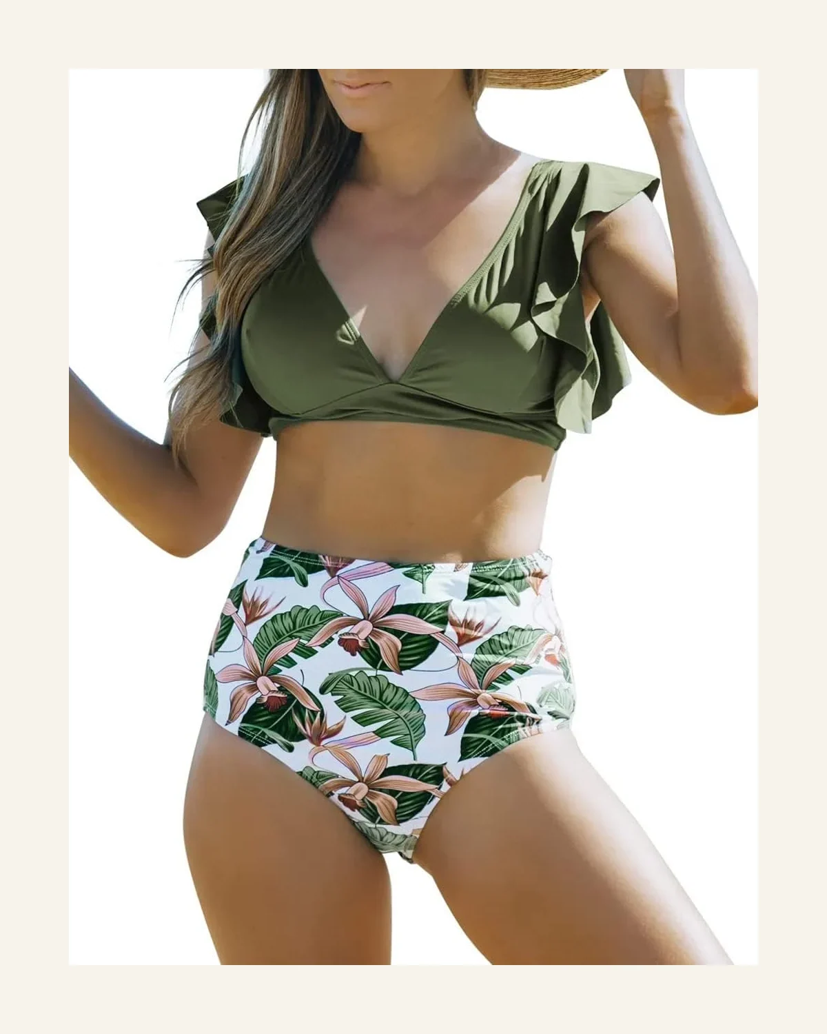 Ruffle High Waist Swimsuit V Neck Trim Floral by SELINK