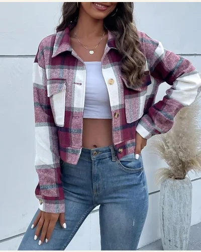 Cropped Flannel Plaid Jacket Casual Long Sleeve Button, view 4
