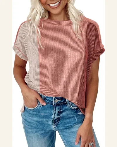 Short Sleeve T Shirt Casual Apricot Pink Textured, view 1