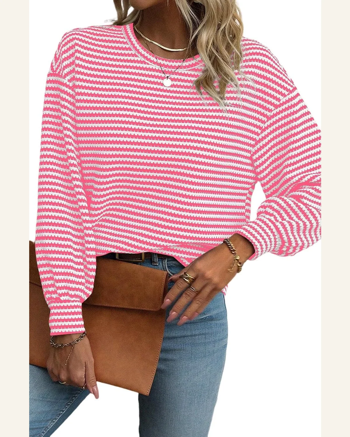 Tunic Tops Work Rose Stripe Round Neck Drop by SELINK