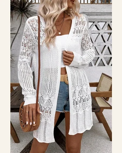 Cardigan Sweater Casual White Crochet Hollow Out Open, view 3
