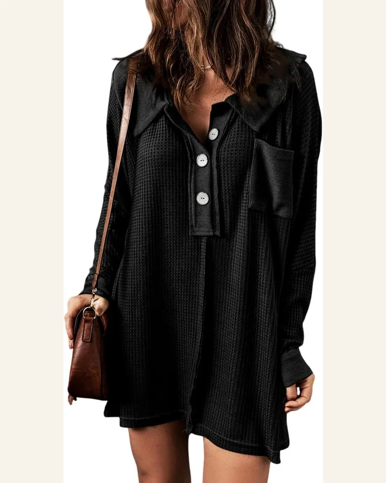 Tunic Tops Casual Black Waffle Knit Buttoned Long by SELINK
