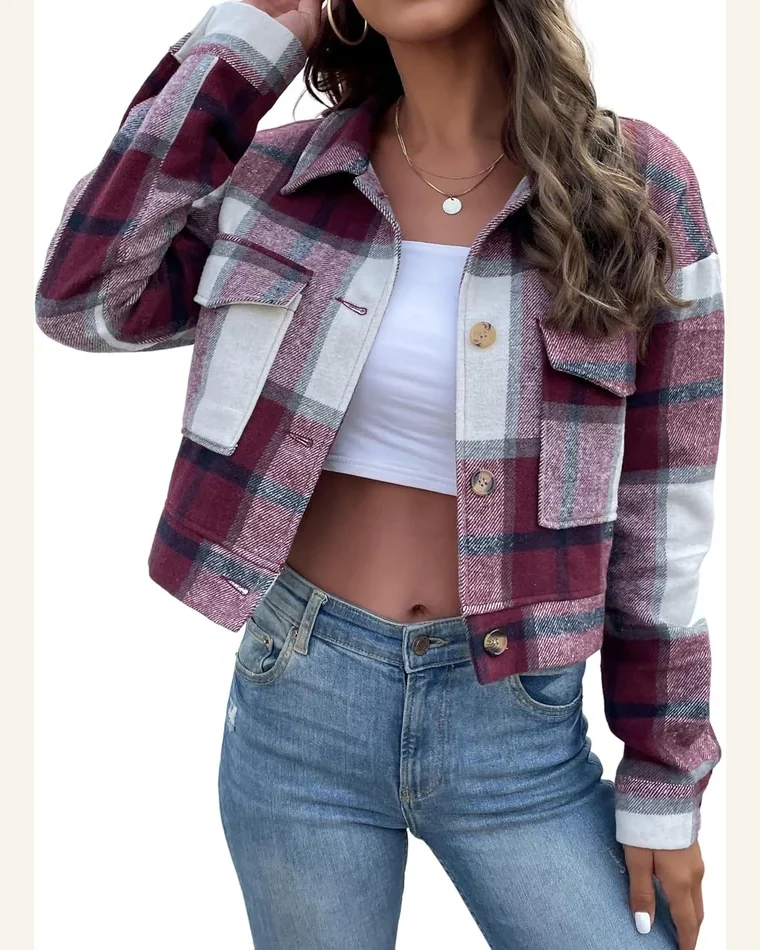 Cropped Flannel Plaid Jacket Casual Long Sleeve Button by SELINK