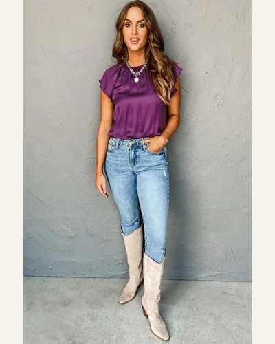Short Sleeve T Shirt Casual Violet Pleated Flutter, view 4