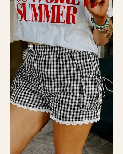Western Black Gingham Lace Trim Shorts with Pouch, view 2
