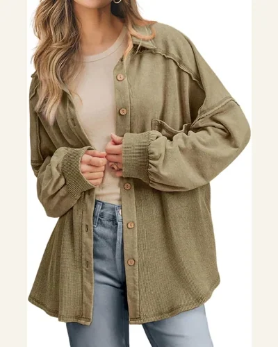 Shacket Jacket Casual Moss Green Waffle Knit Patchwork, view 1