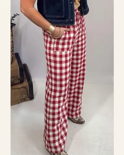 Casual Gingham Plaid High Waist Tie Front Shift Pants, view 2