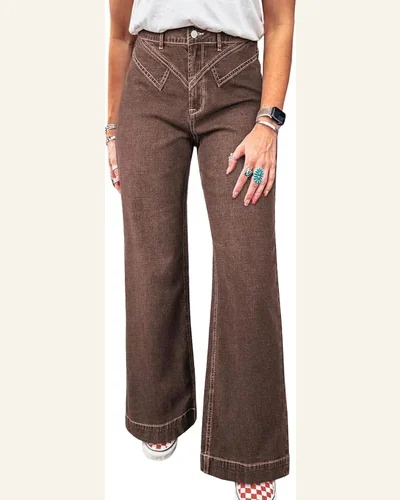 Casual Brown High Waisted Jeans Stitched Waist Loose, view 1
