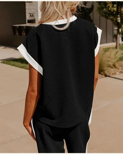 Two Piece Lounge Set Colorblock Short Sleeve Pullover, view 3