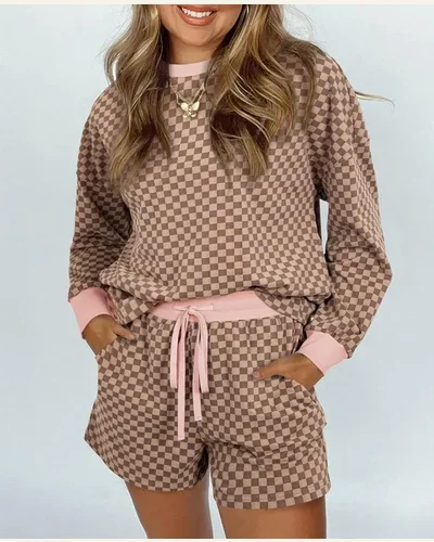 Checkerboard 2 Piece Sets Casual Long Sleeve Pullover, view 3