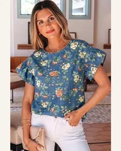 Floral Denim Tunic Top Short Sleeve Blouse Ashleigh, view 3